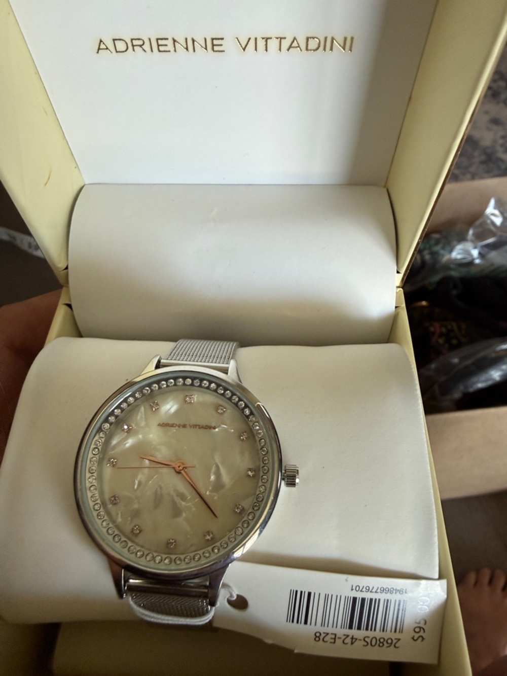 Adrienne Vittadini Silver Mesh Strap Women's Watch - Mother of Pearl Dial